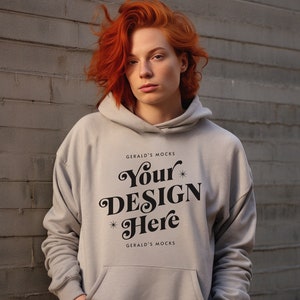 Gildan 18500 Ash Unisex Hoodie Mockup, streetwear fashion ash hoodie mock-up nonbinary redhead ginger model mock up outdoor industrial POD