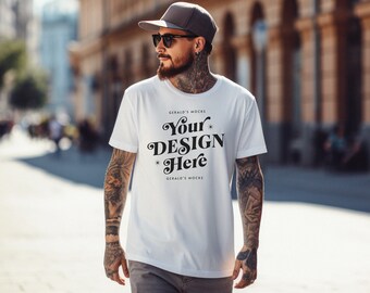 Bella Canvas 3001 White Unisex Tshirt Mockup, mens streetwear fashion t-shirt mock up, male model lifestyle apparel white bc mock-up POD