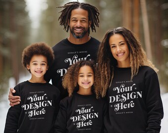 Gildan 18000 Black Unisex Matching Family Sweatshirts mockup, cute family sweaters mock up Christmas winter holiday outdoor shoot POD mockup