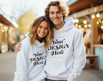 Gildan 18500 White Unisex Hoodie Mockup, cute couples matching hoodies mock up outdoor winter ski resort shoot holiday festive POD mocks