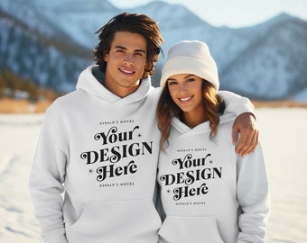 Gildan 18500 White Unisex Hoodies Mockup, cute couples matching hoodies mock up outdoor winter shoot snowy mountains POD white sweater mocks