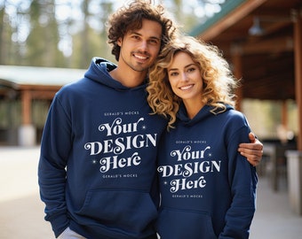 Gildan 18500 Navy Unisex Hoodie Mockup, cute couples matching navy hoodies mock up outdoor winter ski resort shoot holiday festive POD mocks