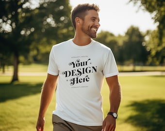Bella Canvas 3001 White Unisex Tshirt Mockup, mens white t-shirt mock up, outdoor golf lifestyle dad apparel fathers day white shirt mock-up