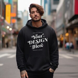 Gildan 18500 Black Unisex Hoodie Mockup, mens streetwear fashion black hoodie mock up outdoor natural light moody urban city shoot mock-up