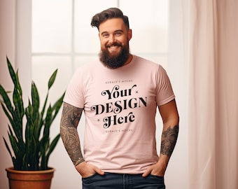 Bella Canvas 3001 Unisex Pink Tshirt Mockup, mens fashion t-shirt mock up, plus sized male model mock-up for POD ecommerce store