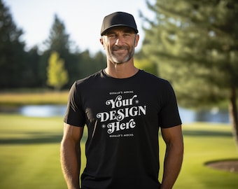 Bella Canvas 3001 Black Unisex Tshirt Mockup, mens black t-shirt mock up, outdoor golf lifestyle dad apparel fathers day black shirt mock-up