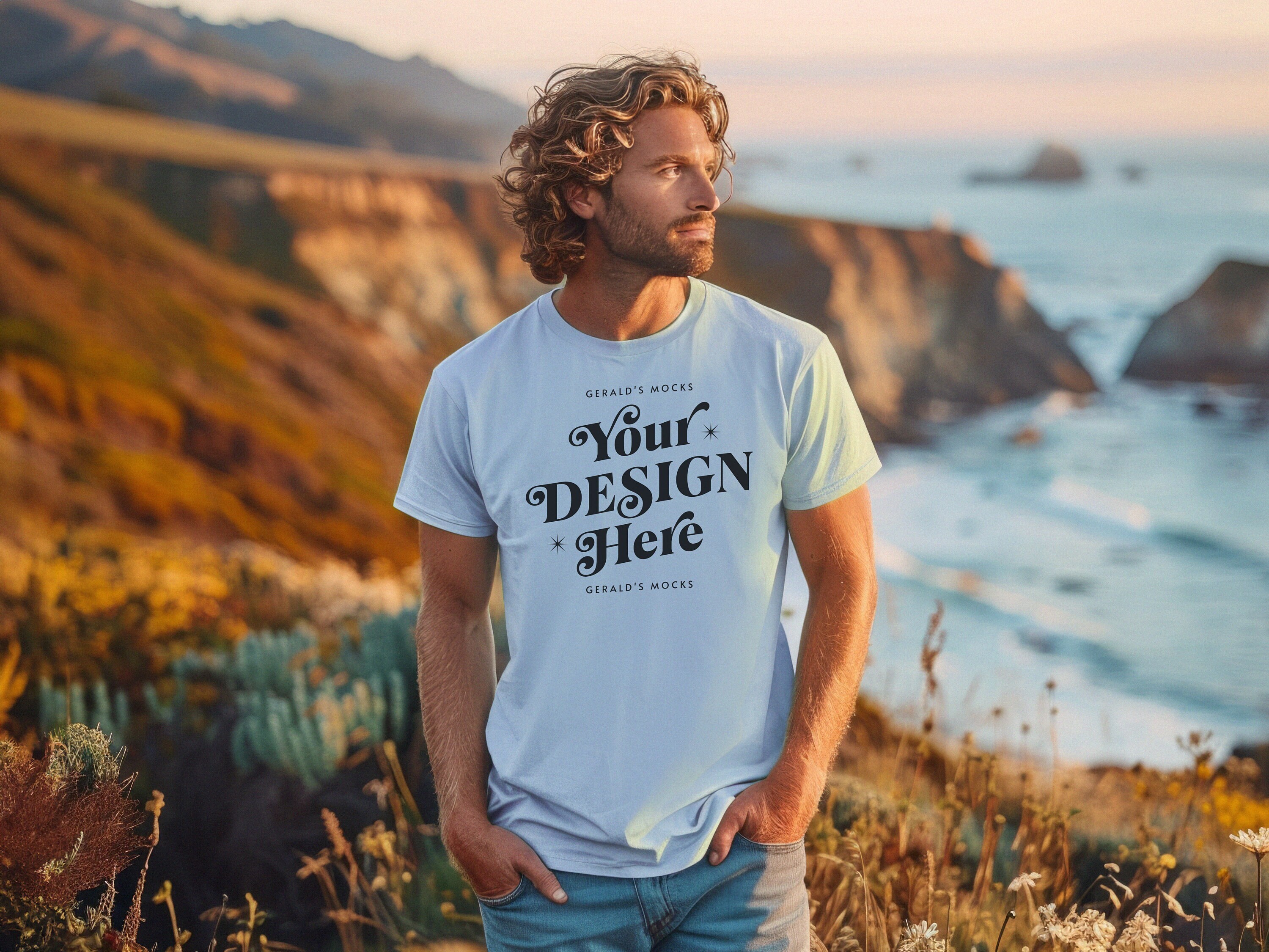 Bella Canvas 3001 Baby Blue Unisex Tshirt Mockup, mens light blue shirt mock up SoCal coast lifestyle shoot male model POD dad shirt mock-up
