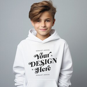Gildan 18500B White Youth Hooded Sweatshirt Mockup, boys white sweatshirt mockup kids white hoodie studio mock up cute kid sweater mock-up
