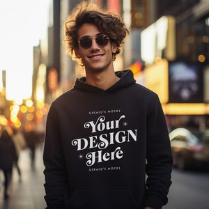 Gildan 18500 Black Unisex Hoodie Mockup, mens streetwear fashion black hoodie mock up outdoor natural light moody urban city shoot mock-up