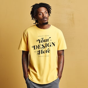 Gildan 2000 Daisy Unisex Tshirt mockup, yellow t-shirt mock up, mens fashion bipoc model editorial shoot daisy tshirt mock-up POD ecommerce