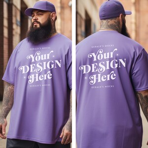 Front and Back Comfort Colors 1717 Violet Unisex Tshirt Mockup, Plus Size Male Model mock up mens streetwear fashion oversized shirt mock-up