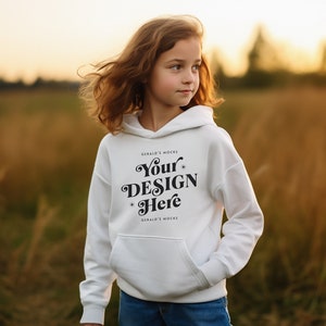Gildan 18500B White Youth Hooded Sweatshirt Mockup, girls white sweatshirt mockup kids white hoodie lifestyle mock up cute kid sweater mocks