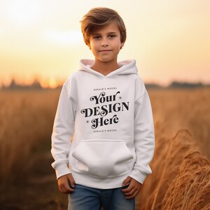 Gildan 18500B White Youth Hooded Sweatshirt Mockup, boys white sweatshirt mockup kids white hoodie lifestyle mock up cute kid sweater mock