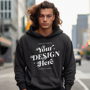 Gildan 18500 Black Unisex Hoodie Mockup, mens streetwear fashion black hoodie mock up outdoor natural light moody urban city shoot mock-up