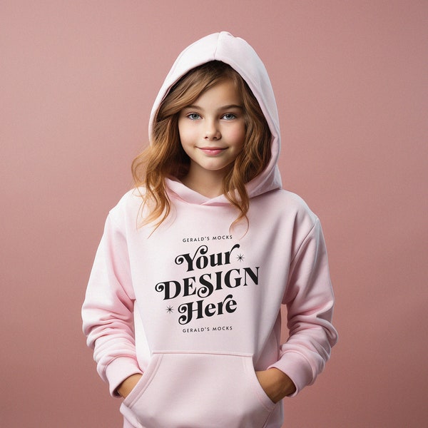 Gildan 18500B Light Pink Youth Hooded Sweatshirt Mockup, girls sweatshirt mockup kids hoodie mock up cute pink sweater mock-up kids POD mock