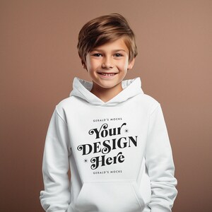 Gildan 18500B White Youth Hooded Sweatshirt Mockup, boys white sweatshirt mockup kids white hoodie studio mock up cute kid sweater mock-up