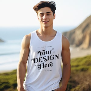 Gildan 5200 White Unisex Tank Top Mockup, mens white tanktop mock up, natural light Big Sur coast lifestyle shoot guys blank tanktop mockup