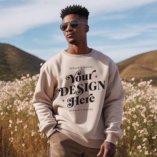 Gildan 18000 Unisex Sand Sweatshirt mockup, mens beige sweater mock up male model apparel POD fashion mockups beautiful lifestyle mockups