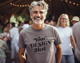 Bella Canvas 3001 Pebble Brown Unisex Tshirt Mockup, mens streetwear dad fashion t-shirt mock up male model lifestyle apparel mock-up POD