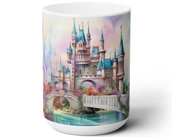May include: A white ceramic mug with a colorful watercolor illustration of a fairytale castle with a bridge and a moat. The castle is surrounded by trees and flowers.
