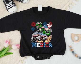 Dinosaur Monster Truck Romper,  American Red Blue Romper, In My Era Shirt, Freedom Shirt, 4th of July Romper And Toddler, America Toddler 2.