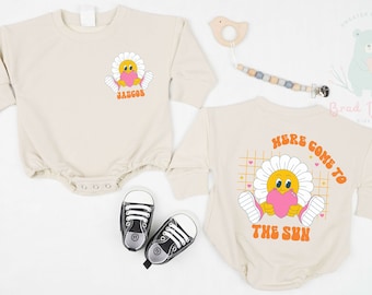 Beige Sun Romper, Here Comes The Sun Romper, Retro Romper, Unisex Kids Body, Cute Oversize Baby Romper, Long Sleeve Romper, Sweater Romper.