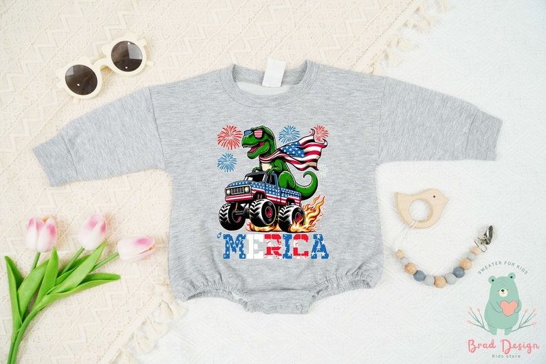 Dinosaur Monster Truck Romper, American Red Blue Romper, In My Era Shirt, Freedom Shirt, 4th of July Romper And Toddler, America Toddler 2. image 4