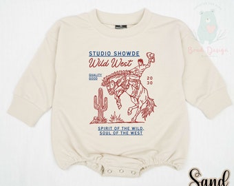 Chemise rétro Wild West Rodeo pour enfants Studio Showde - T-shirt Western Cowboy rétro naturel pour bébé, tout-petit, jeune et adulte - Combi-short cowboy western.