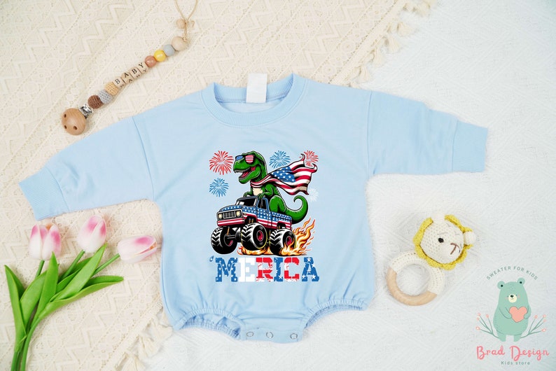 Dinosaur Monster Truck Romper, American Red Blue Romper, In My Era Shirt, Freedom Shirt, 4th of July Romper And Toddler, America Toddler 2. image 3