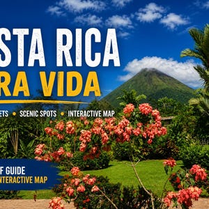 May include: A vibrant travel advertisement for Costa Rica, featuring the words "COSTA RICA PURA VIDA" in bold white and yellow text against a blue sky. The image includes a lush green landscape with a volcano and tropical plants.