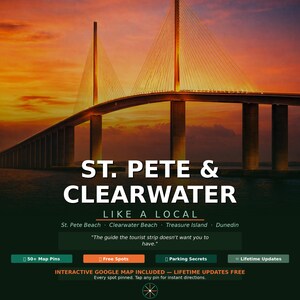 Könnte beinhalten: Reiseführer-Cover mit der Sunshine Skyway Bridge bei Sonnenuntergang. Der Reiseführer ist für St. Pete & Clearwater, Florida, mit dem Text "Like a Local". Enthält Karten-Pins, kostenlose Spots und Parkgeheimnisse.