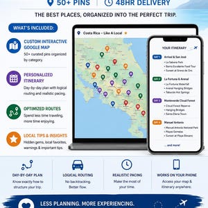 May include: A digital travel itinerary displayed on a laptop and smartphone. The itinerary includes a custom interactive Google map with 50+ pins, day-by-day plans, optimized routes, and local tips. The text reads "Custom Travel Itinerary + Interactive Google Map."