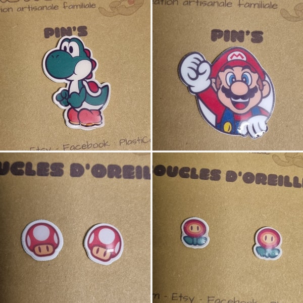 Pin's et boucles d'oreilles Retro Mario Peach Yoshi