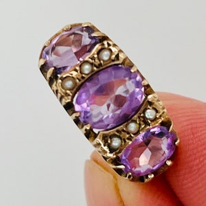 Anillo antiguo de amatista y perla VICTORIANA de 9 k