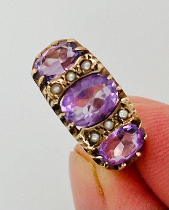 Antique 9k Victorian Amethyst & Seed Pearl Ring