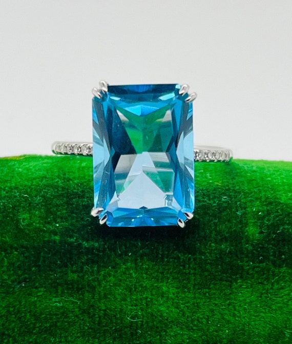 Emerald Cut Blue Topaz and Diamond 14k White Gold 