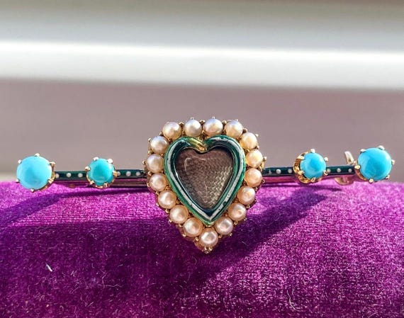 Victorian Antique Mourning Pin Pearl and Turquoise 14k