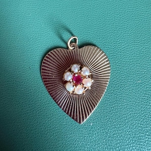 Vintage 14K Gold Heart Pendant with Pearl and Ruby Cluster