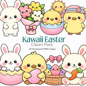 Puede incluir: Paquete de imágenes prediseñadas de Pascua Kawaii con conejitos, pollitos, flores y huevos de Pascua adorables. La imagen incluye una variedad de personajes y elementos lindos, perfectos para diseños con temática primaveral. También se incluye el texto "Kawaii Easter Clipart Pack".