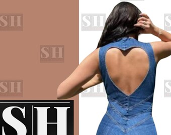 Backless Heart Cutout Denim 70s Jumpsuit For Women, Boho Clothing, Casual Sleeveless Slim Vintage,Retro Denim Jumpsuits