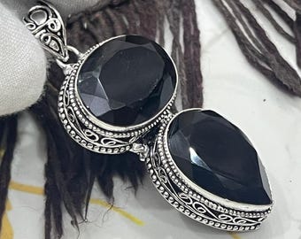 Black Onyx Double Stone Pendant 925 Sterling Silver, Handmade Oval & Pear Cut Gemstone Necklace, Elegant Statement Jewelry Gift for Her