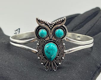 Turquoise Owl Bangle 925 Sterling Silver, Handmade Cuff Bracelet, Blue Gemstone Boho Jewelry, Vintage Style Statement Bracelet Gift for Her