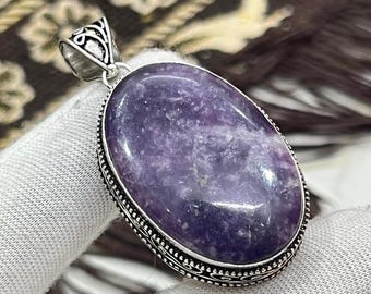 Natural Lepidolite Pendant | 925 Sterling Silver Oval Gemstone Necklace | Purple Lepidolite Crystal Jewelry | Handmade Healing Stone Gift