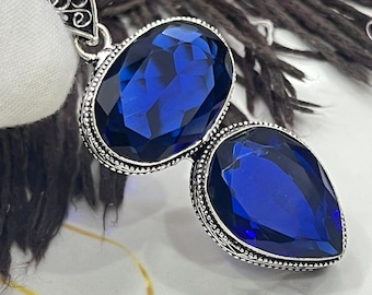 Blue Sapphire Double Stone Pendant 925 Sterling Silver, Oval Pear Cut Gemstone Necklace Handmade Statement Jewelry Gift for Her