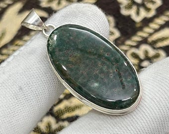 Natural Bloodstone Jasper Pendant | Green Healing Crystal Necklace | 925 Sterling Silver Oval Gemstone Pendant | Handmade jewelry for love
