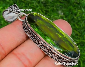 Long Peridot Pendant Necklace – 925 Sterling Silver Gemstone Jewelry – August Birthstone Gift – Boho Green Crystal Necklace – Gifts For Her.