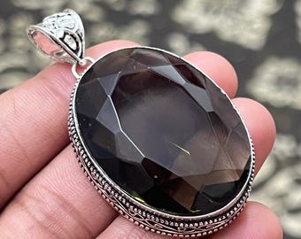 Smoky Quartz Square Solid 925 Sterling Silver Pendant Necklace For Women Handmade Smokey Quartz Pendant For Wedding Anniversary Gift Idea