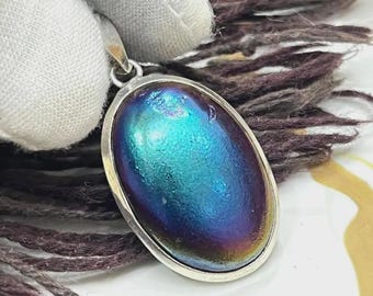 Titanium Druzy Pendant Necklace, Aura Quartz Crystal Pendant, Blue Purple Iridescent Gemstone, Sterling Silver Statement Jewelry Gift