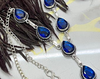 Blue Sapphire Teardrop Necklace 925 Sterling Silver, Multi Stone Gemstone Necklace 18 Inch Chain, Handmade Statement Jewelry Gift for Her