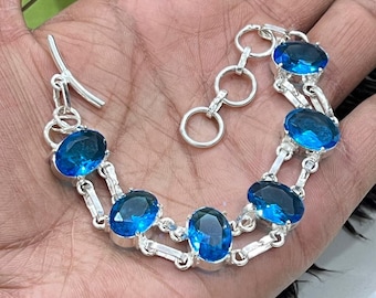 Blue Topaz Bracelet 925 Sterling Silver, Oval Cut Gemstone Link Bracelet Handmade Statement Jewelry Gift for Her Adjustable Silver Bracelet